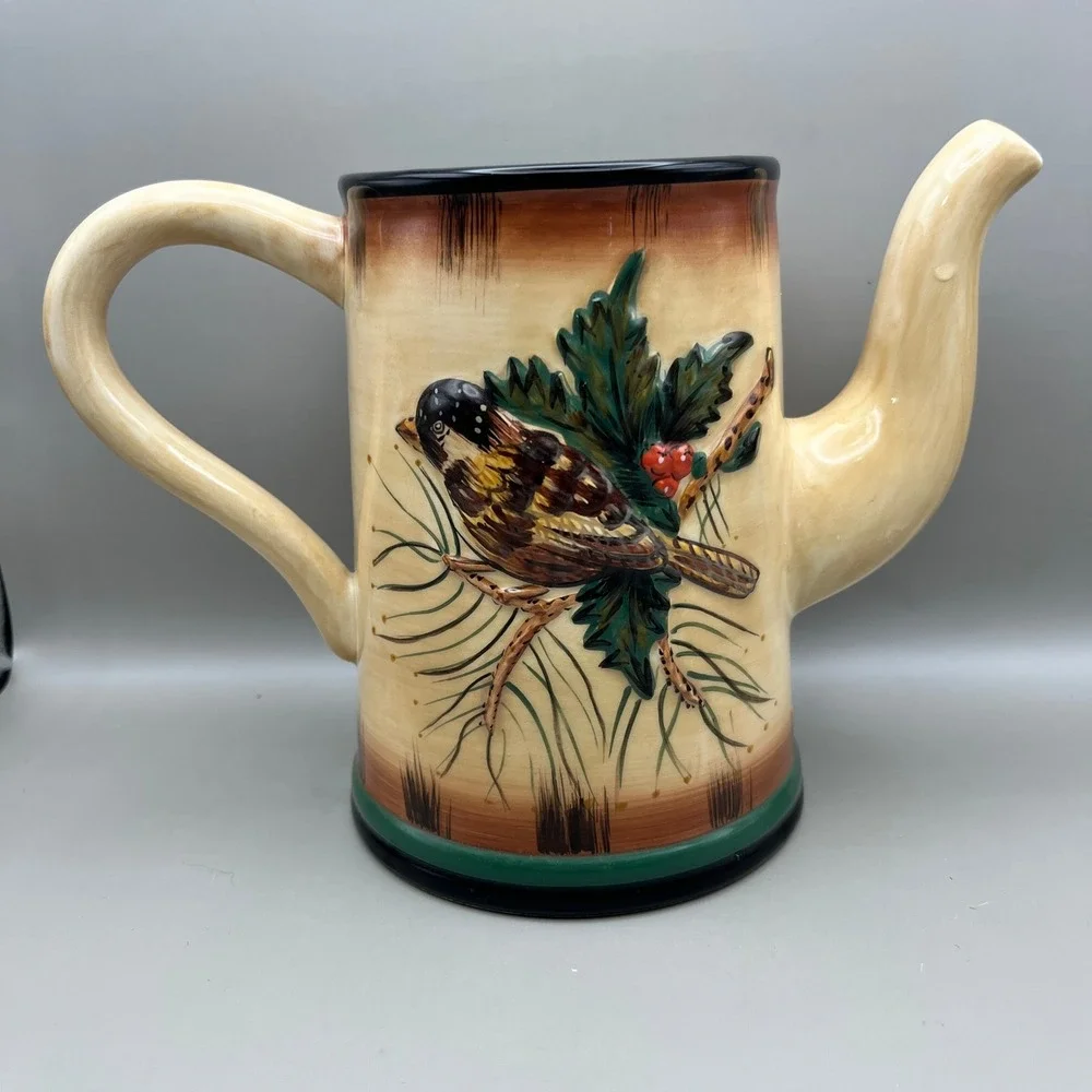 Heartfelt‎ Kitchen Creations Bird Ceramic Teapot Embossed Holly Berry No Lid 6